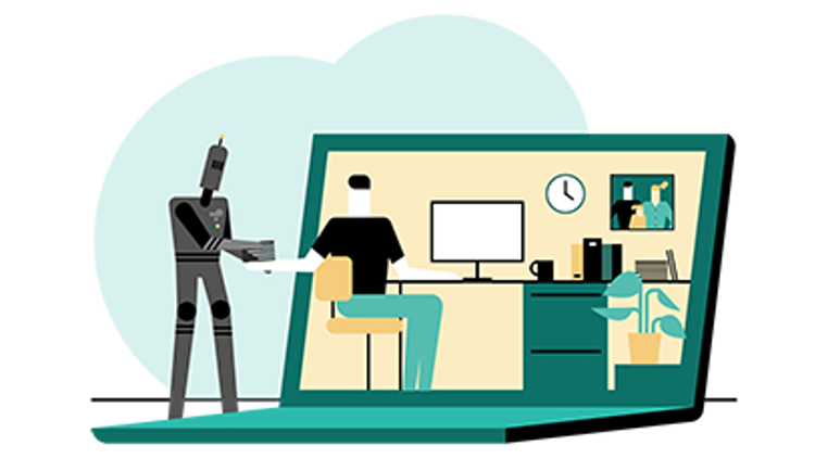 Illustrasjon et arbeidsliv i endring. En som jobber på pc og med en robot bak seg